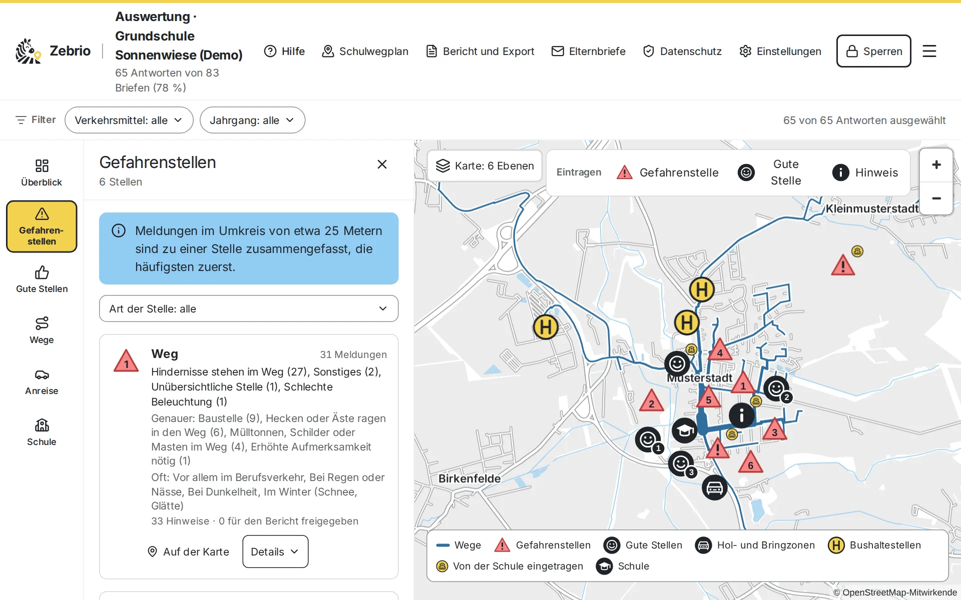 Screenshot of the demo school's analysis: on the left the list of dangerous spots, on the right the map with the children's routes, dangerous spots, good spots and bus stops.