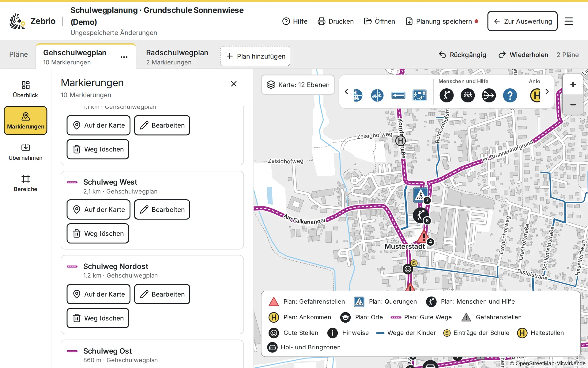 Screenshot of the planning tool: on the left the list of markers with the routes to school, on the right the map with the recommended routes, dangerous spots taken over, a zebra crossing and crossing guards.