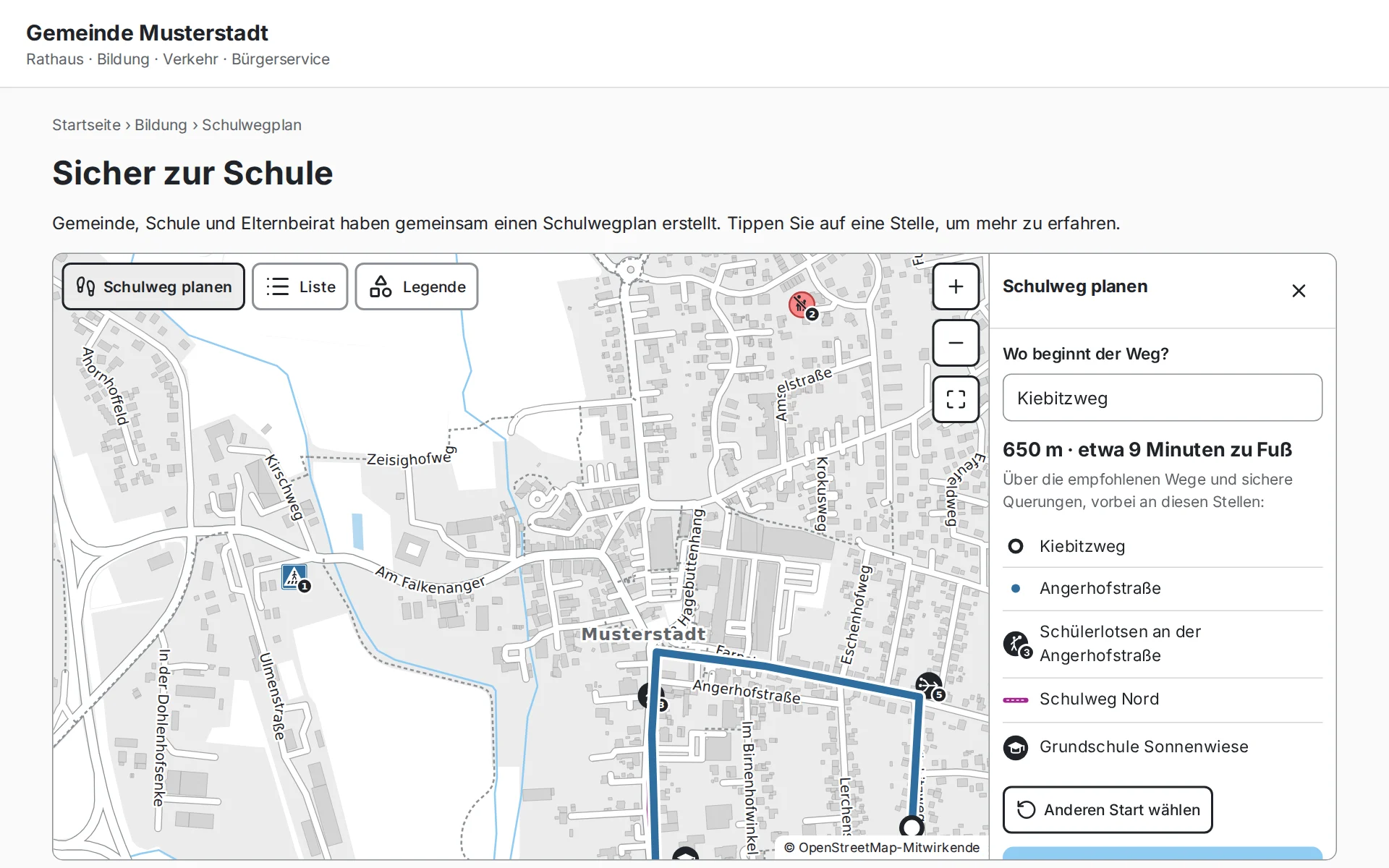 The route map on the website of the municipality of Musterstadt: the map with the school route plan of Grundschule Sonnenwiese (Demo) and beside it "Schulweg planen" with a way from Kiebitzweg to the school, 650 metres, about 9 minutes on foot, past the crossing guards on Angerhofstraße (in German).