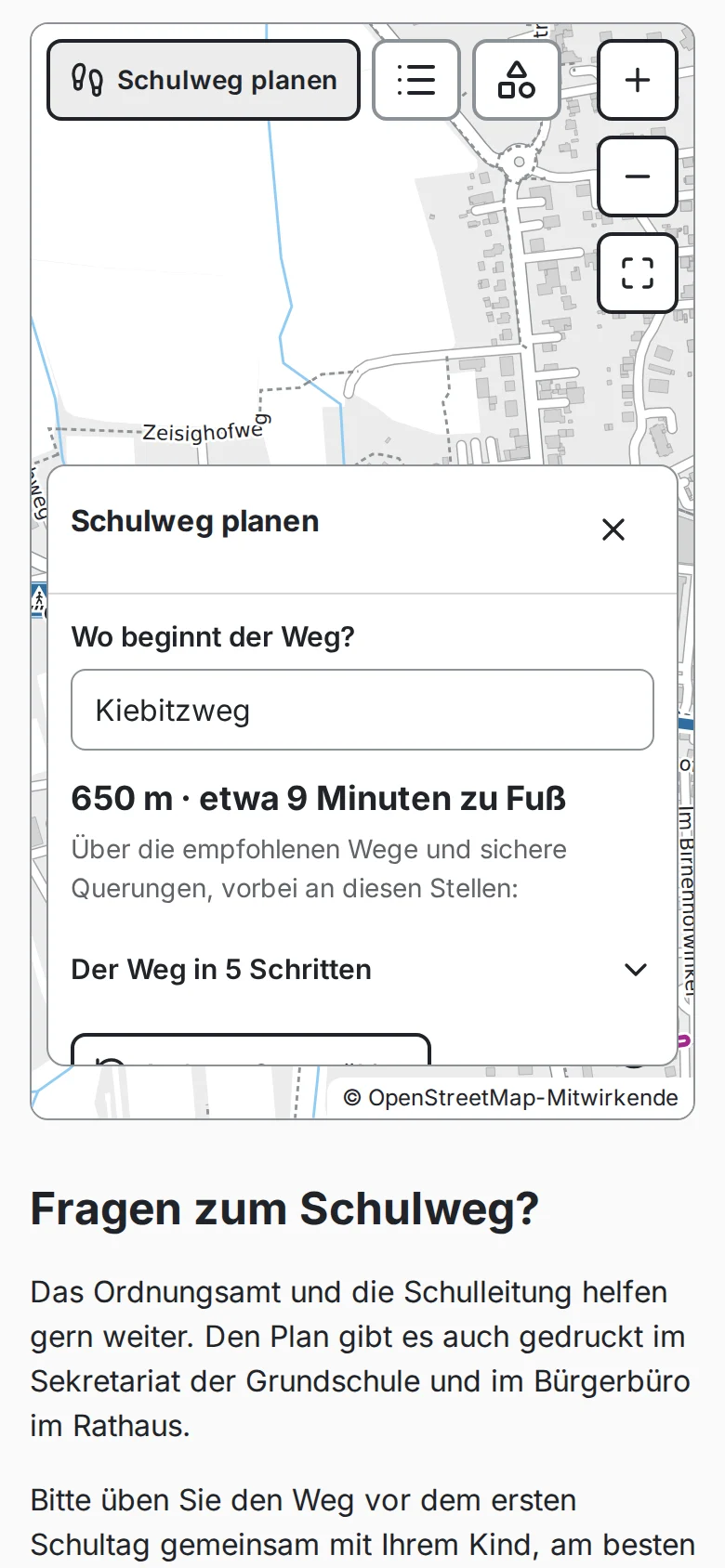 The route map on a phone: "Schulweg planen" with the start Kiebitzweg, 650 metres, about 9 minutes on foot, and above it the way to school on the map (in German).